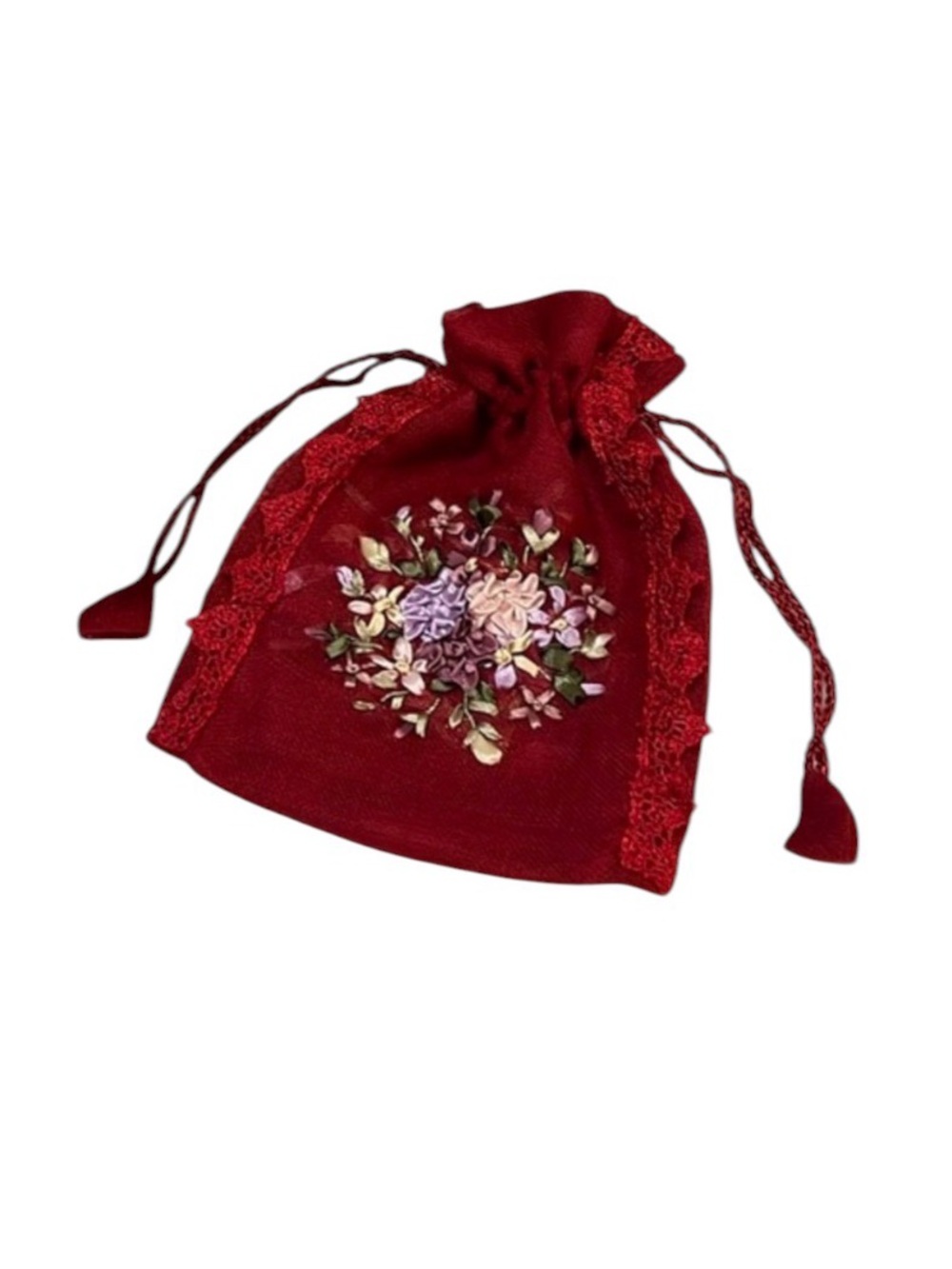 Sheer Red Satin Lined Ribbon Flower Lace Embellished  Wristlet Pouch